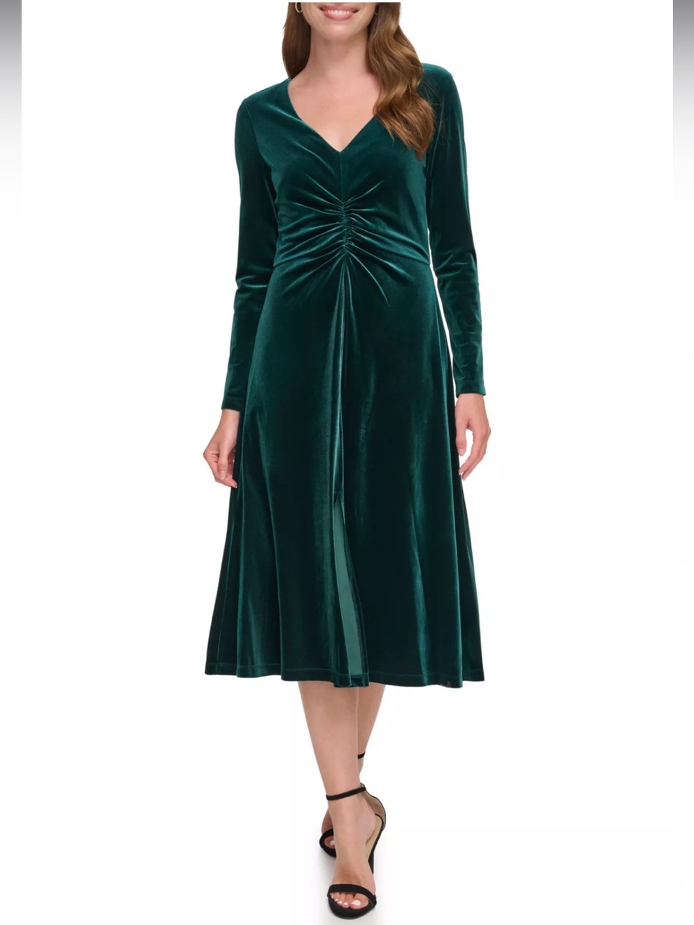 Eliza J Dark Green Velvet Twist-Front Long Sleeve Midi Dress Sz 12